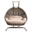 Brown Wicker Hanging Double-Seat Swing Chair with Stand w Beige Cushion Hot on Sale