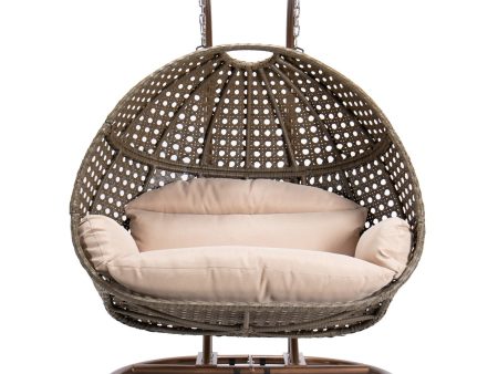 Brown Wicker Hanging Double-Seat Swing Chair with Stand w Beige Cushion Hot on Sale