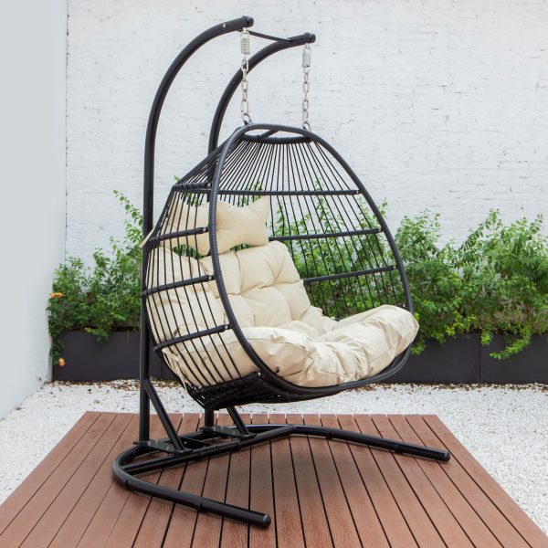 Double-Seat Folding Hanging Swing Chair with Stand w Beige Cushion Hot on Sale