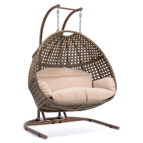 Brown Wicker Hanging Double-Seat Swing Chair with Stand w Beige Cushion Hot on Sale