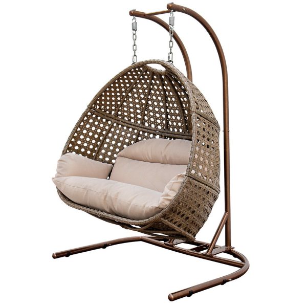 Brown Wicker Hanging Double-Seat Swing Chair with Stand w Beige Cushion Hot on Sale