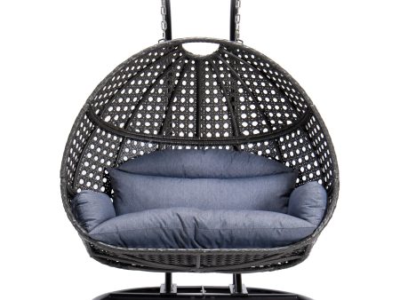 Charcoal Wicker Hanging Double-Seat Swing Chair with Stand w Dust Blue Cushion on Sale