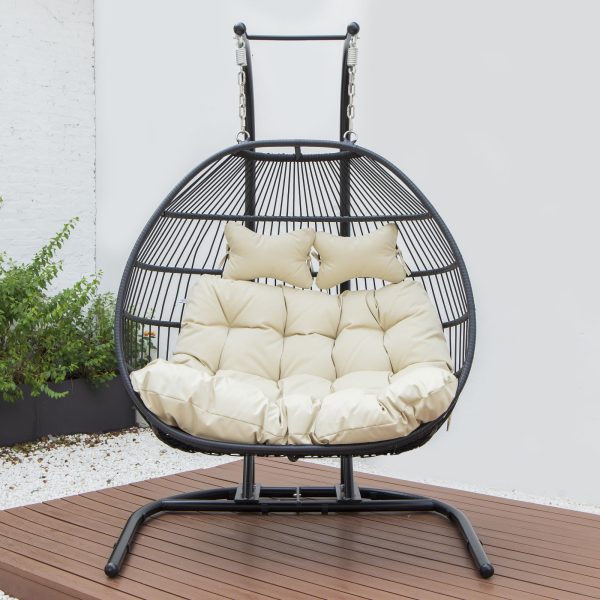 Double-Seat Folding Hanging Swing Chair with Stand w Beige Cushion Hot on Sale